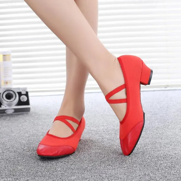 Women's Red Low-Heel Dance Shoes with Elastic Cross Straps – Comfortable and Lightweight Design for Ballet, Jazz, and Performance