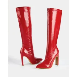 Women's Red Patent Faux Leather Knee-High Stiletto Boots with Crocodile Pattern - Sexy High Heel Boots for Parties and Night Out
