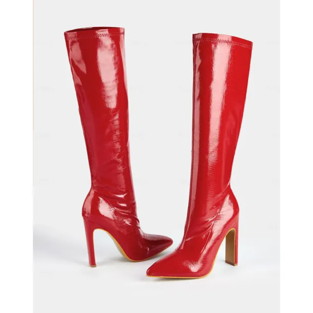 Women's Red Patent Faux Leather Knee-High Stiletto Boots with Crocodile Pattern - Sexy High Heel Boots for Parties and Night Out