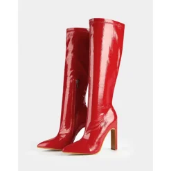 Women's Red Patent Faux Leather Knee-High Stiletto Boots with Crocodile Pattern - Sexy High Heel Boots for Parties and Night Out