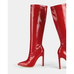 Women's Red Patent Faux Leather Knee-High Stiletto Boots with Crocodile Pattern - Sexy High Heel Boots for Parties and Night Out