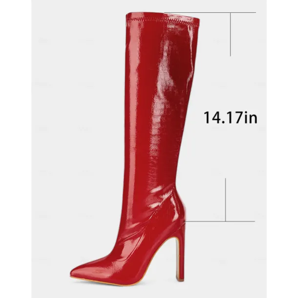 Women's Red Patent Faux Leather Knee-High Stiletto Boots with Crocodile Pattern - Sexy High Heel Boots for Parties and Night Out