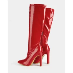 Women's Red Patent Faux Leather Knee-High Stiletto Boots with Crocodile Pattern - Sexy High Heel Boots for Parties and Night Out