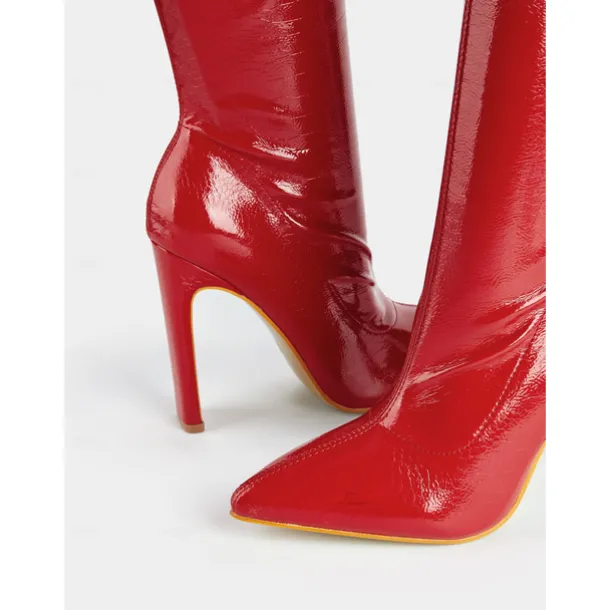Women's Red Patent Faux Leather Knee-High Stiletto Boots with Crocodile Pattern - Sexy High Heel Boots for Parties and Night Out