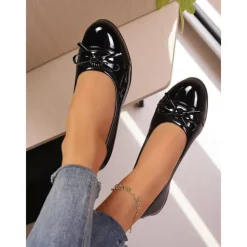 Women's Red Patent Leather Ballet Flats with Bow - Classic Round Toe Slip-On Dress Shoes for Teens and Ladies, Ideal for School, Work, and Everyday Casual Outfits