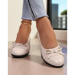 Women's Red Patent Leather Ballet Flats with Bow - Classic Round Toe Slip-On Dress Shoes for Teens and Ladies, Ideal for School, Work, and Everyday Casual Outfits