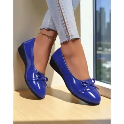 Women's Red Patent Leather Ballet Flats with Bow - Classic Round Toe Slip-On Dress Shoes for Teens and Ladies, Ideal for School, Work, and Everyday Casual Outfits