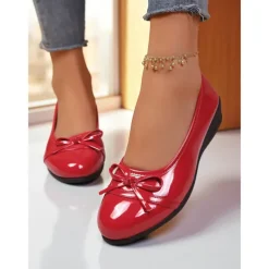 Women's Red Patent Leather Ballet Flats with Bow - Classic Round Toe Slip-On Dress Shoes for Teens and Ladies, Ideal for School, Work, and Everyday Casual Outfits
