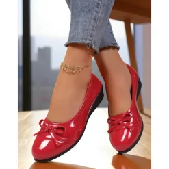 Women's Red Patent Leather Ballet Flats with Bow - Classic Round Toe Slip-On Dress Shoes for Teens and Ladies, Ideal for School, Work, and Everyday Casual Outfits