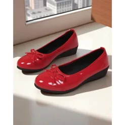Women's Red Patent Leather Ballet Flats with Bow - Classic Round Toe Slip-On Dress Shoes for Teens and Ladies, Ideal for School, Work, and Everyday Casual Outfits
