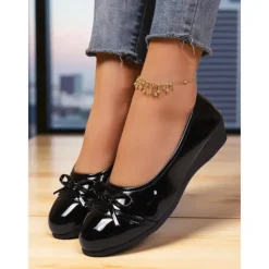 Women's Red Patent Leather Ballet Flats with Bow - Classic Round Toe Slip-On Dress Shoes for Teens and Ladies, Ideal for School, Work, and Everyday Casual Outfits