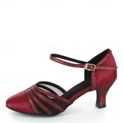 Women's Red Satin Dance Shoes with Mesh Straps, Soft Suede Sole and Adjustable Buckle - Comfortable Heel for Latin, Ballroom, and Social Dancing