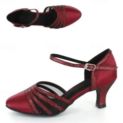 Women's Red Satin Dance Shoes with Mesh Straps, Soft Suede Sole and Adjustable Buckle - Comfortable Heel for Latin, Ballroom, and Social Dancing