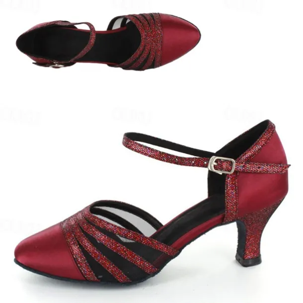 Women's Red Satin Dance Shoes with Mesh Straps, Soft Suede Sole and Adjustable Buckle - Comfortable Heel for Latin, Ballroom, and Social Dancing