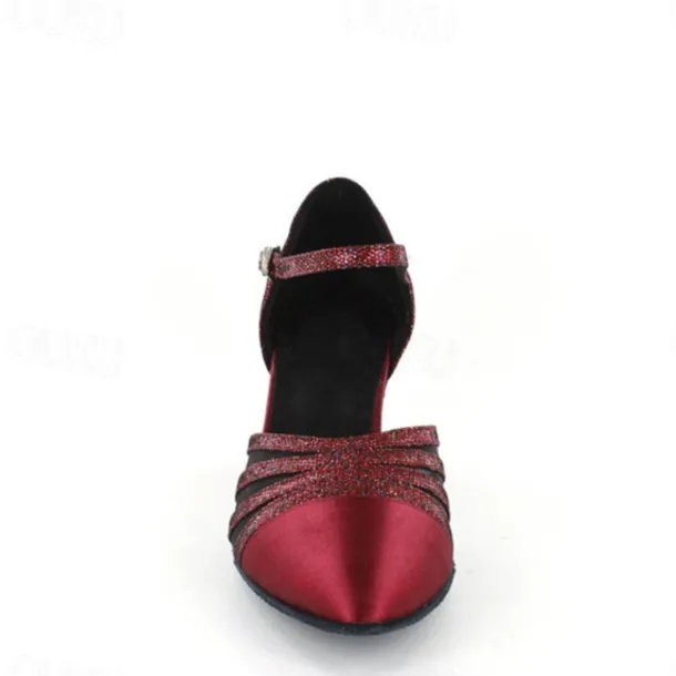 Women's Red Satin Dance Shoes with Mesh Straps, Soft Suede Sole and Adjustable Buckle - Comfortable Heel for Latin, Ballroom, and Social Dancing