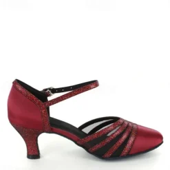 Women's Red Satin Dance Shoes with Mesh Straps, Soft Suede Sole and Adjustable Buckle - Comfortable Heel for Latin, Ballroom, and Social Dancing