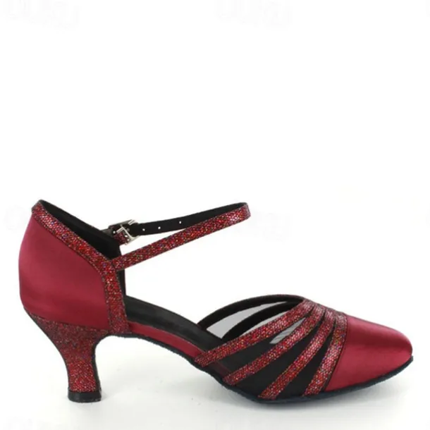 Women's Red Satin Dance Shoes with Mesh Straps, Soft Suede Sole and Adjustable Buckle - Comfortable Heel for Latin, Ballroom, and Social Dancing