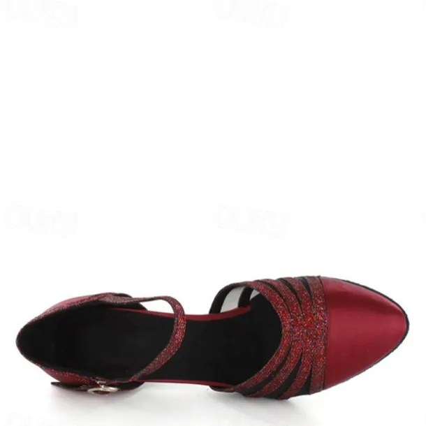 Women's Red Satin Dance Shoes with Mesh Straps, Soft Suede Sole and Adjustable Buckle - Comfortable Heel for Latin, Ballroom, and Social Dancing