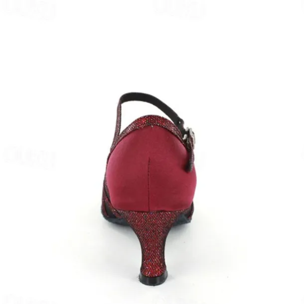Women's Red Satin Dance Shoes with Mesh Straps, Soft Suede Sole and Adjustable Buckle - Comfortable Heel for Latin, Ballroom, and Social Dancing