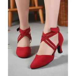 Women's Red Suede Cross-Strap Dance Shoes with Mid-Heel - Professional Latin and Ballroom Performance Footwear
