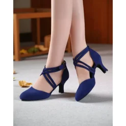 Women's Red Suede Cross-Strap Dance Shoes with Mid-Heel - Professional Latin and Ballroom Performance Footwear