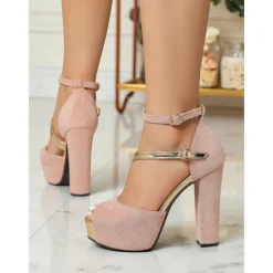 Women's Red Suede Platform Block Heel Sandals - Peep Toe Ankle Strap High Heels for Nightlife Parties and Evening Clubwear