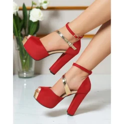 Women's Red Suede Platform Block Heel Sandals - Peep Toe Ankle Strap High Heels for Nightlife Parties and Evening Clubwear