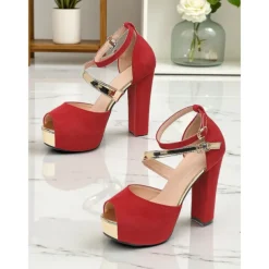Women's Red Suede Platform Block Heel Sandals - Peep Toe Ankle Strap High Heels for Nightlife Parties and Evening Clubwear