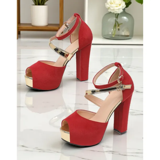Women's Red Suede Platform Block Heel Sandals - Peep Toe Ankle Strap High Heels for Nightlife Parties and Evening Clubwear