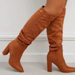 Women's Red Suede Slouch Knee High Boots – Pointed Toe Chunky Heel Long Boots for Party, Christmas, and Night Out Outfits