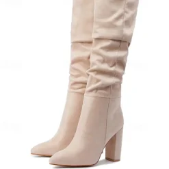 Women's Red Suede Slouch Knee High Boots – Pointed Toe Chunky Heel Long Boots for Party, Christmas, and Night Out Outfits