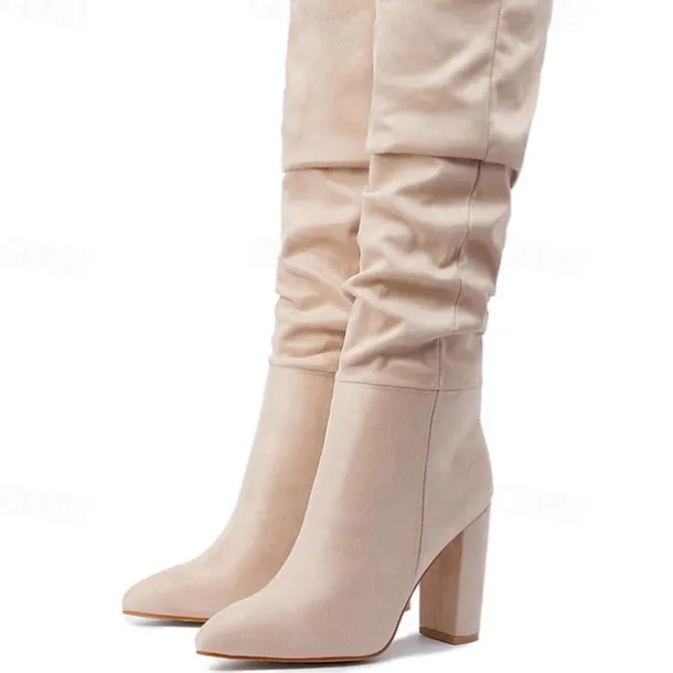 Women's Red Suede Slouch Knee High Boots – Pointed Toe Chunky Heel Long Boots for Party, Christmas, and Night Out Outfits