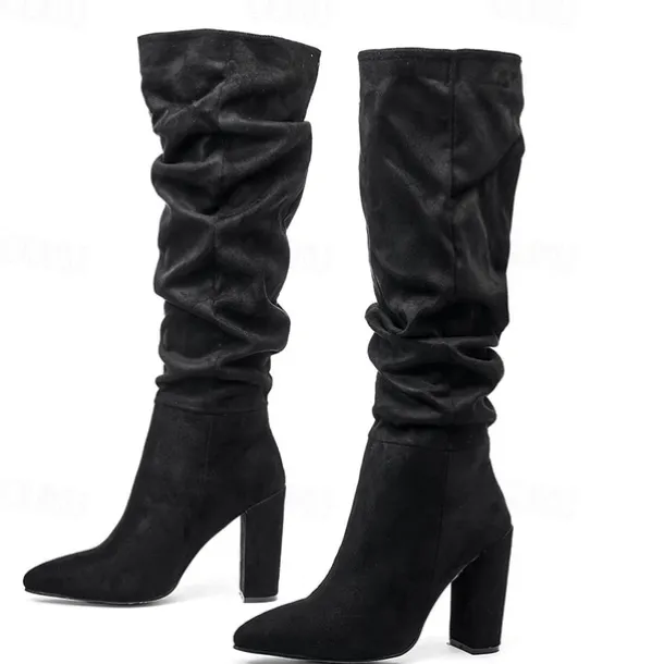 Women's Red Suede Slouch Knee High Boots – Pointed Toe Chunky Heel Long Boots for Party, Christmas, and Night Out Outfits