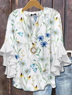 Women's Retro Blouse Layered Ruffle Sleeve Tops Vintage Floral Graphic Bohemia Vintage Daily 3/4 Length Sleeve Regular Tops Daily Holiday Vacation Wear Print White Blue Dusty Blue Orange