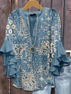 Women's Retro Blouse Layered Ruffle Sleeve Tops Vintage Floral Graphic Bohemia Vintage Daily 3/4 Length Sleeve Regular Tops Daily Holiday Vacation Wear Print White Blue Dusty Blue Orange