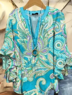 Women's Retro Blouse Layered Ruffle Sleeve Tops Vintage Floral Graphic Bohemia Vintage Daily 3/4 Length Sleeve Regular Tops Daily Holiday Vacation Wear Print White Blue Dusty Blue Orange