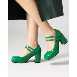 Women's Retro Double-Strap Mary Jane Heels - Patent Leather Block Heel Shoes for Vintage-Inspired Outfits