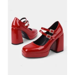 Women's Retro Patent Faux Leather Chunky Mary Jane Pumps with Double Strap – Fashion Block Heel Shoes for Vintage-Inspired Party or Casual Outfits
