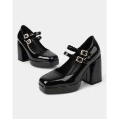 Women's Retro Patent Faux Leather Chunky Mary Jane Pumps with Double Strap – Fashion Block Heel Shoes for Vintage-Inspired Party or Casual Outfits