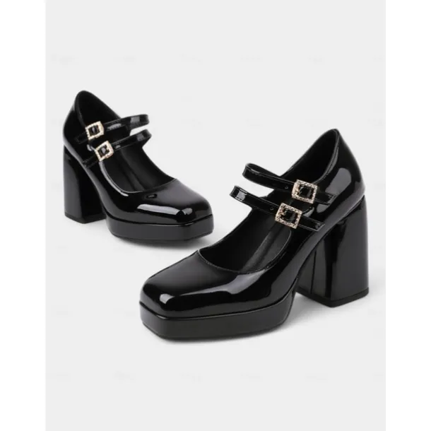 Women's Retro Patent Faux Leather Chunky Mary Jane Pumps with Double Strap – Fashion Block Heel Shoes for Vintage-Inspired Party or Casual Outfits