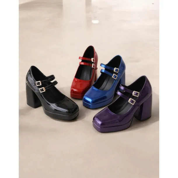 Women's Retro Patent Faux Leather Chunky Mary Jane Pumps with Double Strap – Fashion Block Heel Shoes for Vintage-Inspired Party or Casual Outfits