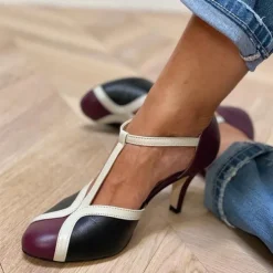 Women's Retro T-Strap High Heel Pumps – Colorblock Faux Leather Dress Shoes for Vintage Parties, Dancing & Special Occasions