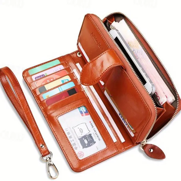 Women's RFID Blocking Faux Leather Wallet - Multi-Compartment Zipper Clutch with Card Slots, Phone Holder, and Wristlet Strap for Travel and Everyday Use
