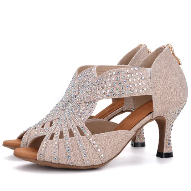 Women's Rhinestone Dance Sandals – Glittering Open-Toe Ballroom Shoes with Zipper Closure for Salsa, Latin, and Dance Events