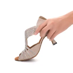 Women's Rhinestone Dance Sandals – Glittering Open-Toe Ballroom Shoes with Zipper Closure for Salsa, Latin, and Dance Events