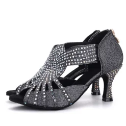 Women's Rhinestone Dance Sandals – Glittering Open-Toe Ballroom Shoes with Zipper Closure for Salsa, Latin, and Dance Events