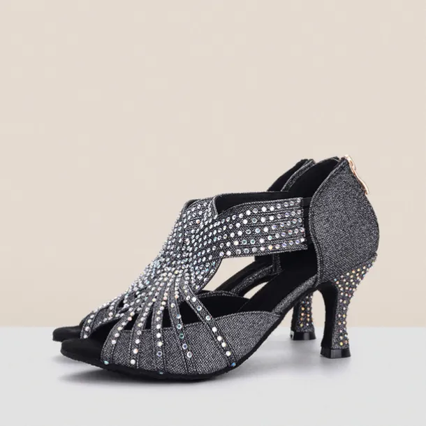 Women's Rhinestone Dance Sandals – Glittering Open-Toe Ballroom Shoes with Zipper Closure for Salsa, Latin, and Dance Events