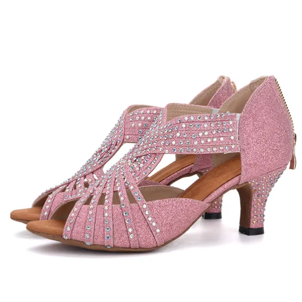 Women's Rhinestone Dance Sandals – Glittering Open-Toe Ballroom Shoes with Zipper Closure for Salsa, Latin, and Dance Events