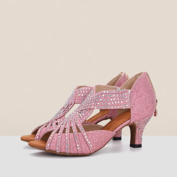 Women's Rhinestone Dance Sandals – Glittering Open-Toe Ballroom Shoes with Zipper Closure for Salsa, Latin, and Dance Events