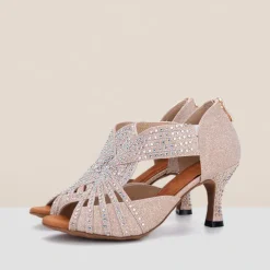 Women's Rhinestone Dance Sandals – Glittering Open-Toe Ballroom Shoes with Zipper Closure for Salsa, Latin, and Dance Events